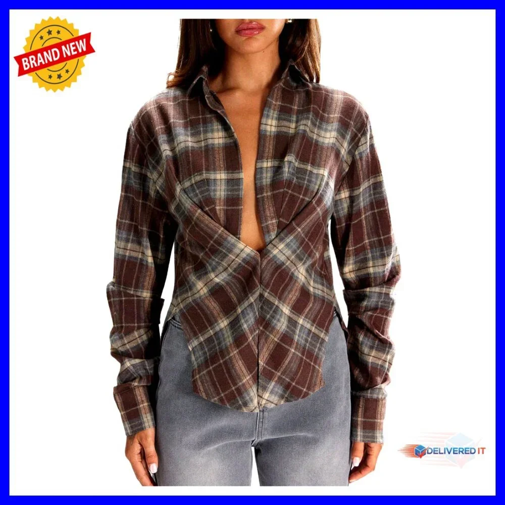 Long Sleeve Plaid Button Down Blouse, Loose Fit, Casual Top - Picture 1 of 5